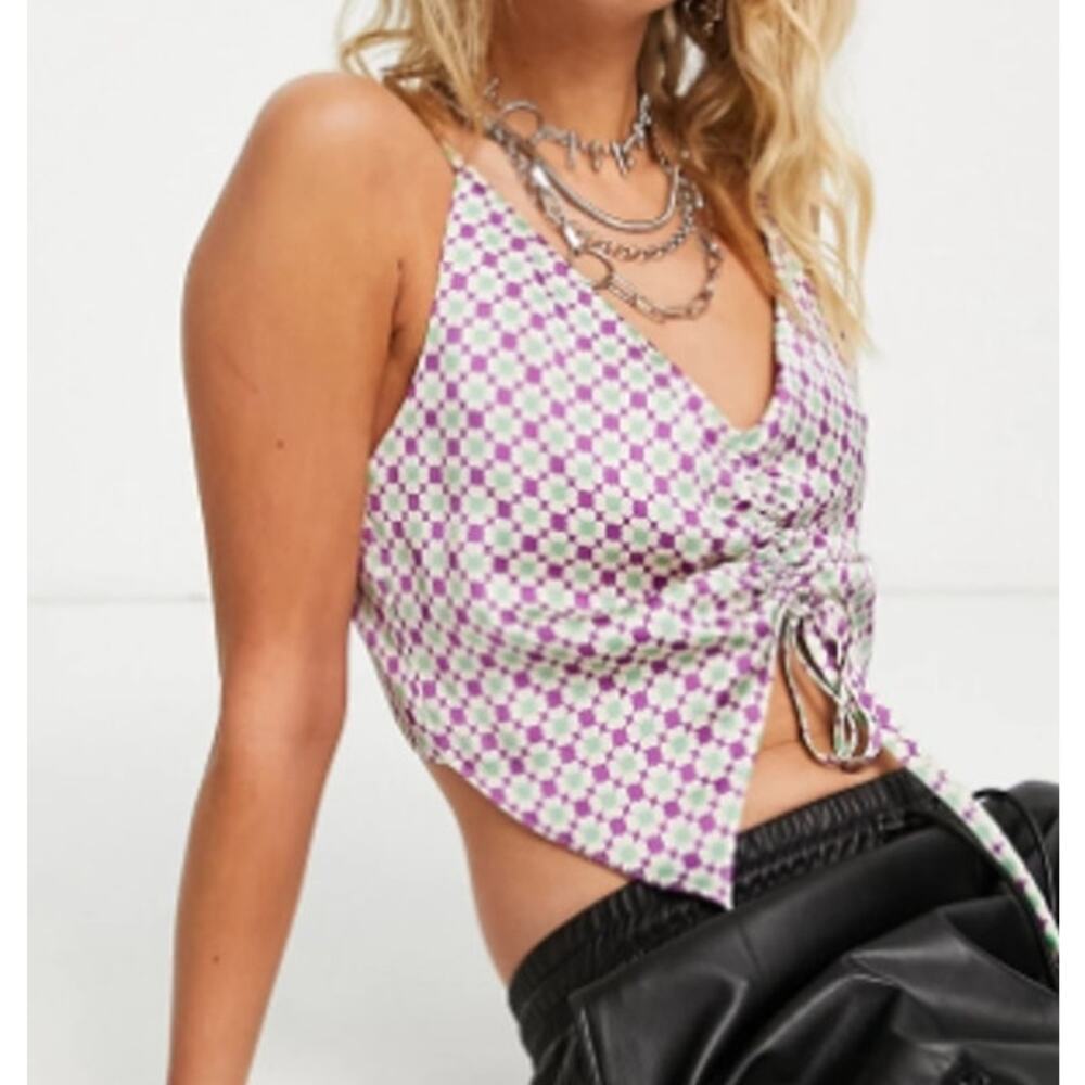 New ~ TOPSHOP ~ Ruched Tie Flower Tile Print Cami Top Size 8